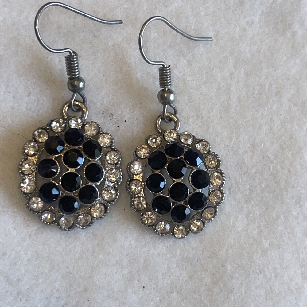Simple Pair Of Earrings. Black And Clear Faceted Stones.
